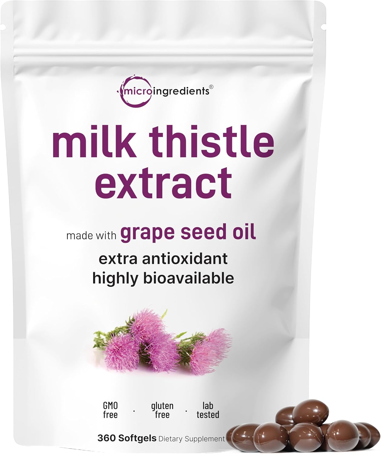 Micro Ingredients Milk Thistle Supplement | 360 Softgels with Grape Seed Oil | Highly Bioavailable Extract | Contains Active Silymarin + Antioxidants - PrimeBioHealth - canada supplements