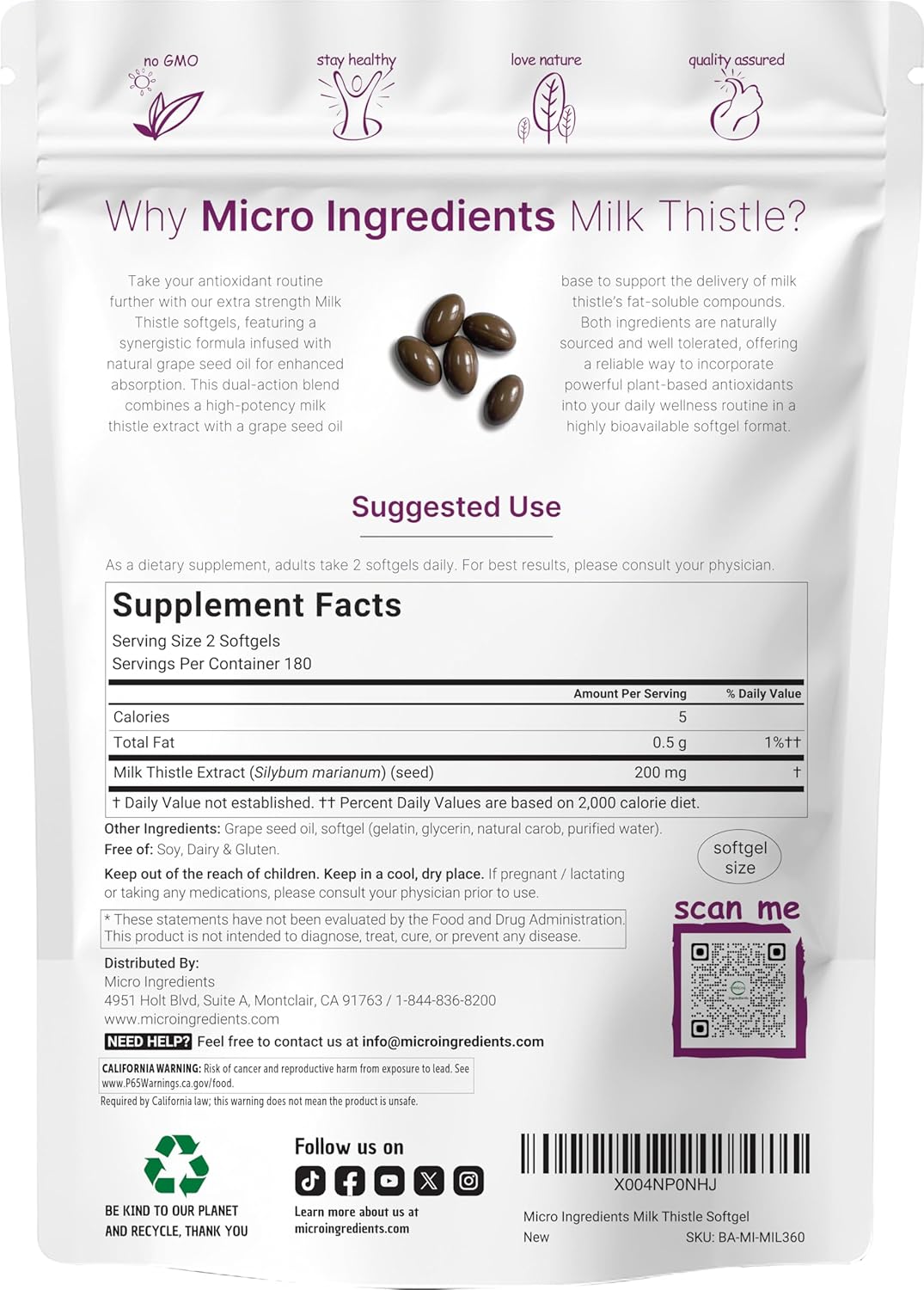 Micro Ingredients Milk Thistle Supplement | 360 Softgels with Grape Seed Oil | Highly Bioavailable Extract | Contains Active Silymarin + Antioxidants - PrimeBioHealth - canada supplements