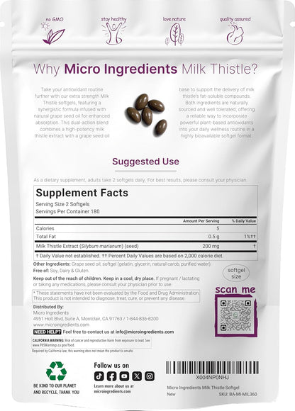 Micro Ingredients Milk Thistle Supplement | 360 Softgels with Grape Seed Oil | Highly Bioavailable Extract | Contains Active Silymarin + Antioxidants - PrimeBioHealth - canada supplements