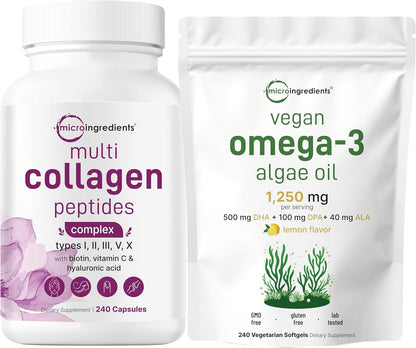 Micro Ingredients Multi Collagen Complex & Vegan Omega 3 Algae Oil Supplement Bundle 2 Pack | Grass-Fed Collagen Peptides | Omega-3 Full Spectrum Alternative to Fish Oil - PrimeBioHealth - canada supplements