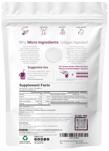 Micro Ingredients Multi Collagen Peptides Powder, 8oz – Hydrolyzed Type I,II,III,V,X with Biotin, Hyaluronic Acid, Vitamin C – Unflavored Collagen for Women & Men, Easy Dissolve, 20 Servings - PrimeBioHealth - canada supplements