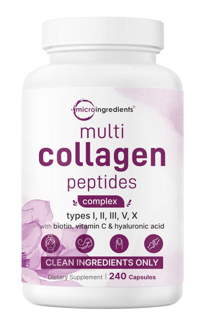 Micro Ingredients Multi Collagen Pills for Women & Men, 240 Capsules | Type I, II, III, V, X | Hydrolyzed Peptides with Biotin, Hyaluronic Acid - PrimeBioHealth - canada supplements
