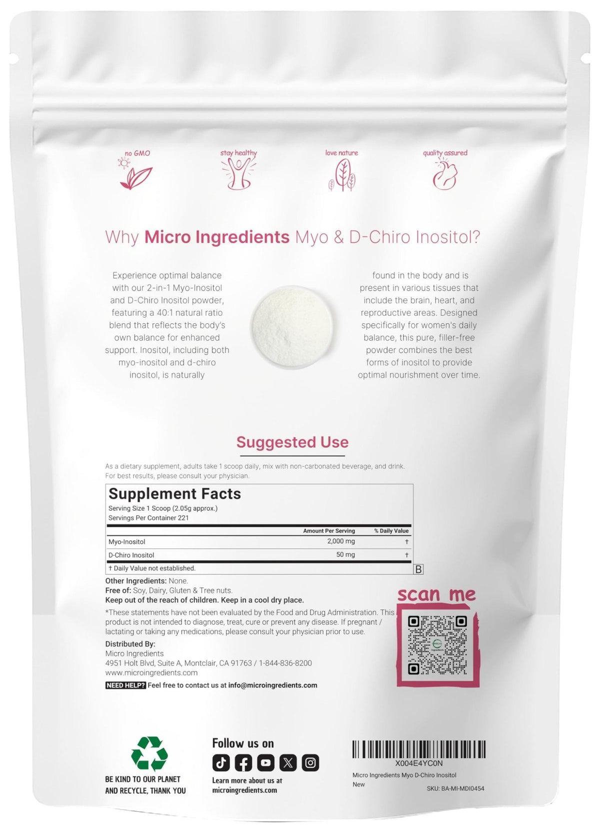 Micro Ingredients Myo-Inositol & D-Chiro Inositol Powder, 1lb (221 Servings) | 40:1 Ideal Ratio Inositol Supplement for Women | Supports Hormonal Balance - PrimeBioHealth - canada supplements