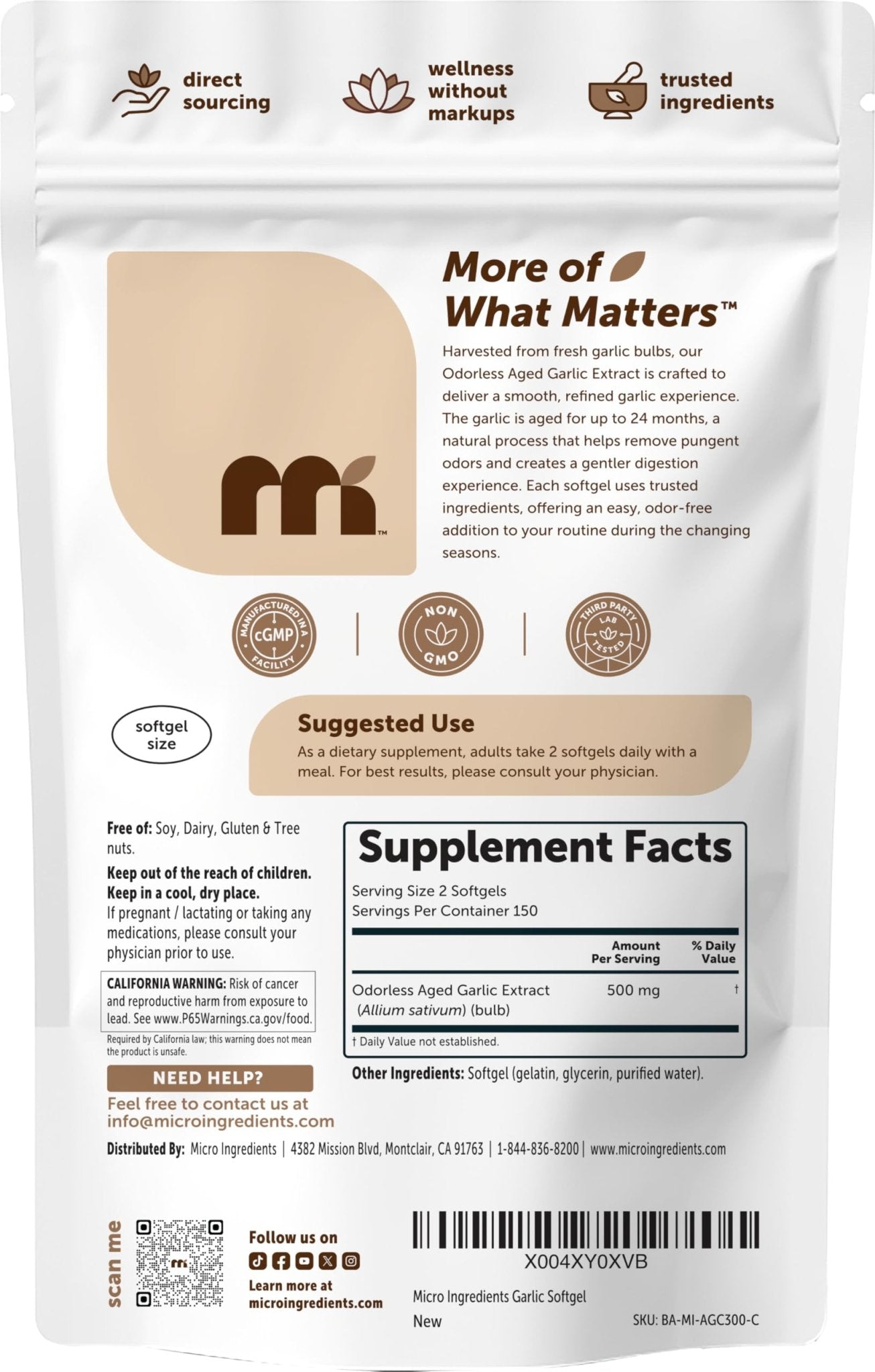 Micro Ingredients Odorless Garlic, 300 Softgels | 2 Years Aged Garlic Extract | Grown Allium Sativum Bulb | Natural Herbal Supplements | Non-GMO, Gluten Free - PrimeBioHealth - canada supplements