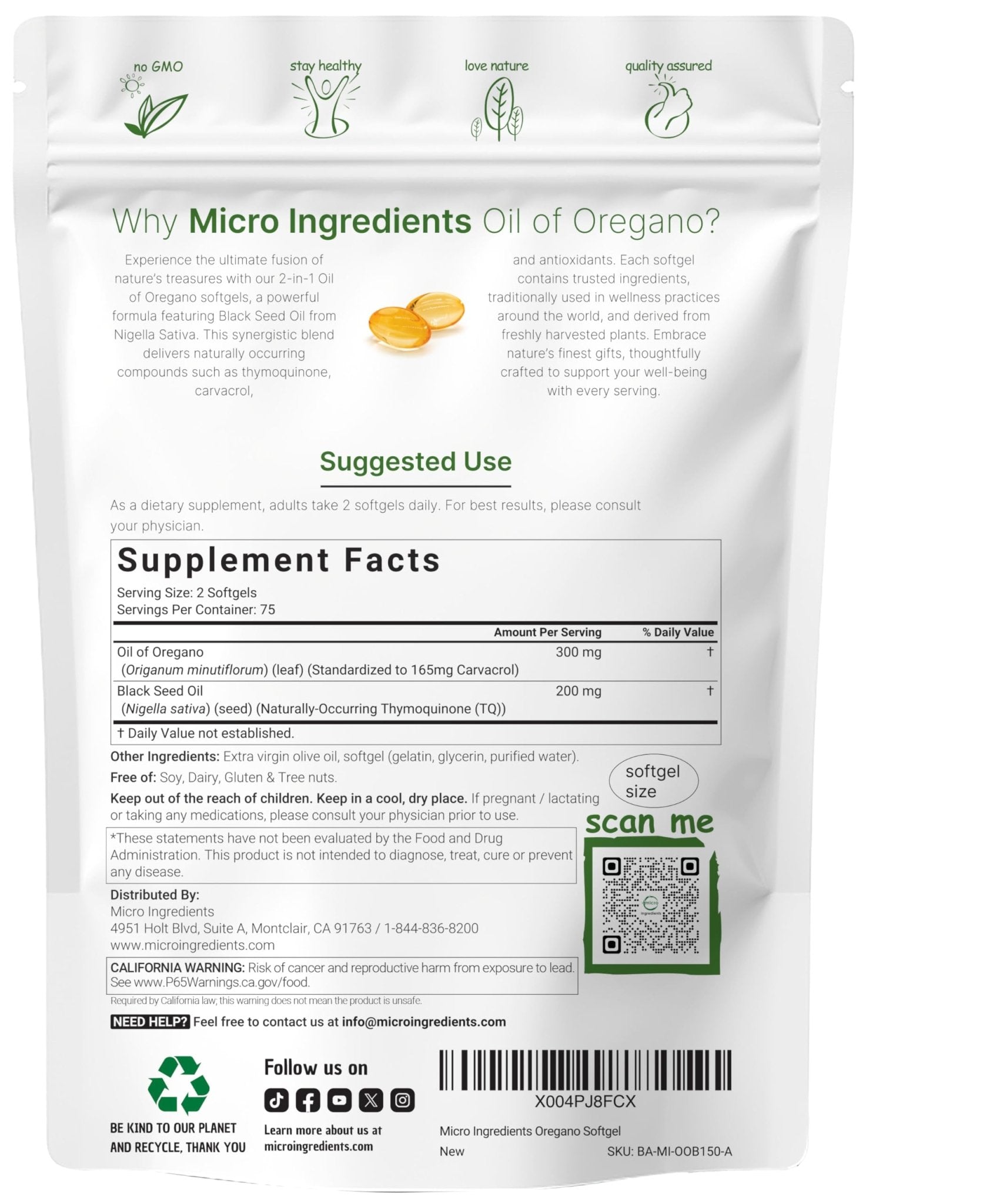 Micro Ingredients Oil of Oregano Softgels, 300 Count | 2 in 1 Formulated with Black Seed Oil | 4X Strength Carvacrol & Thymoquinone | Plant Based, Non-GMO - PrimeBioHealth - canada supplements
