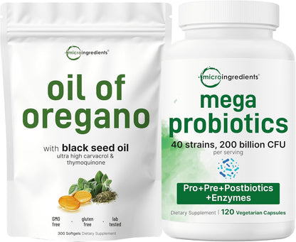 Micro Ingredients Oil of Oregano Softgels & Mega Probiotics 200 Billion CFU Veggie Capsules | 2 Pack Bundle | 4X Strength Thymoquinone + Black Seed | 40 Strains + Inulin, Acacia,& Bromelain - PrimeBioHealth - canada supplements