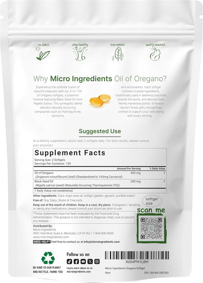 Micro Ingredients Oil of Oregano Softgels & Mega Probiotics 200 Billion CFU Veggie Capsules | 2 Pack Bundle | 4X Strength Thymoquinone + Black Seed | 40 Strains + Inulin, Acacia,& Bromelain - PrimeBioHealth - canada supplements