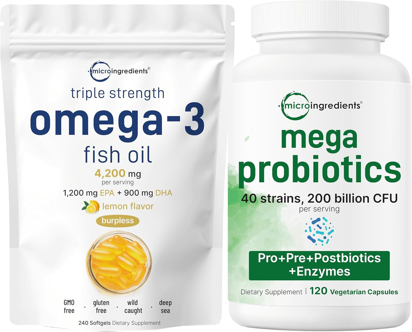 Micro Ingredients Omega-3 Fish Oil 4,200mg Softgels & Mega Probiotics 200 Billion CFU Veggie Capsules | 2 Pack Bundle | Wild-Caught, Burpless, Lemon Flavor | 40 Strains + Inulin, Acacia, & Bromelai - PrimeBioHealth - canada supplements