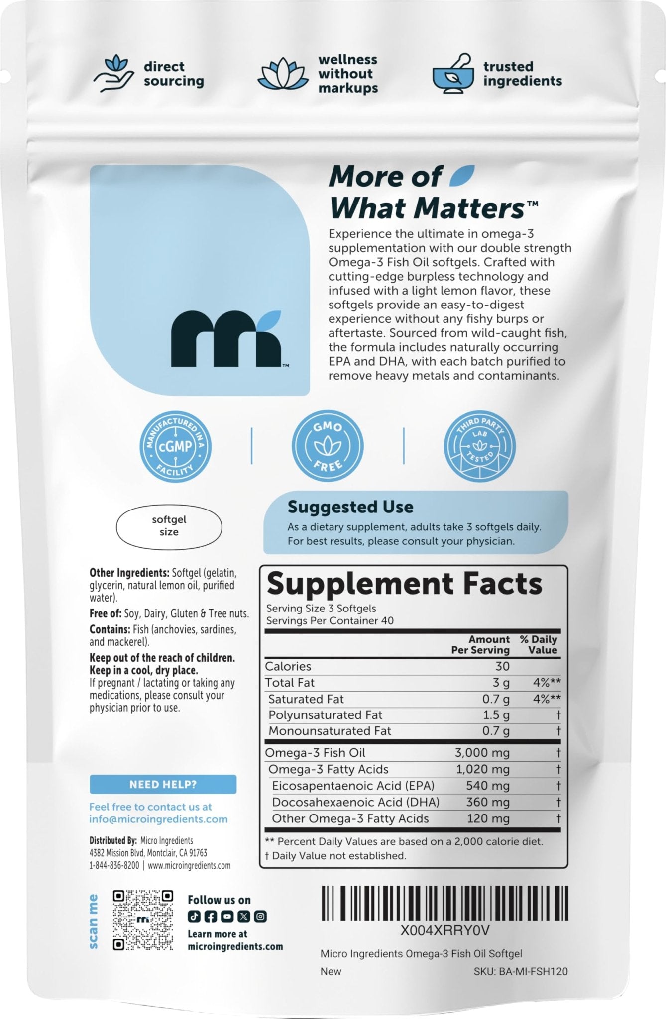 Micro Ingredients Omega 3 Fish Oil Supplements 3,000mg Per Serving, 240 Softgels | Lemon Flavored – Burpless | EPA 540mg + DHA 360mg | Deep Sea Fish - PrimeBioHealth - canada supplements