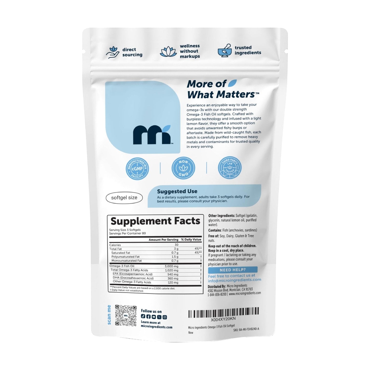 Micro Ingredients Omega 3 Fish Oil Supplements 3,000mg Per Serving, 240 Softgels | Lemon Flavored – Burpless | EPA 540mg + DHA 360mg | Deep Sea Fish - PrimeBioHealth - canada supplements