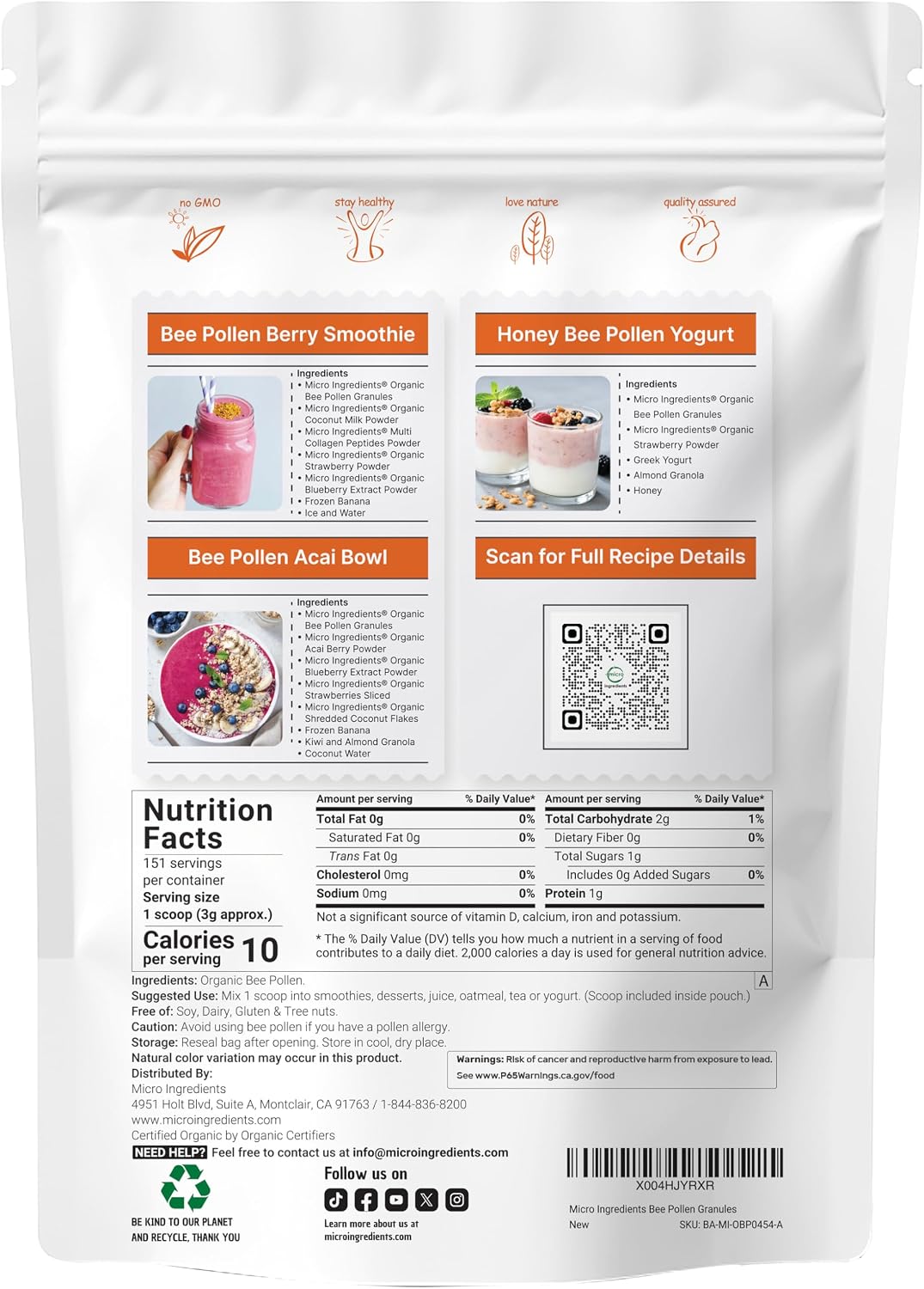 Micro Ingredients Organic Bee Pollen Granules, 1 lb | Fresh Harvest, Raw & Natural Superfood | Rich in B Vitamins, Minerals, Protein & Antioxidants | Keto, Non-GMO - PrimeBioHealth - canada supplements