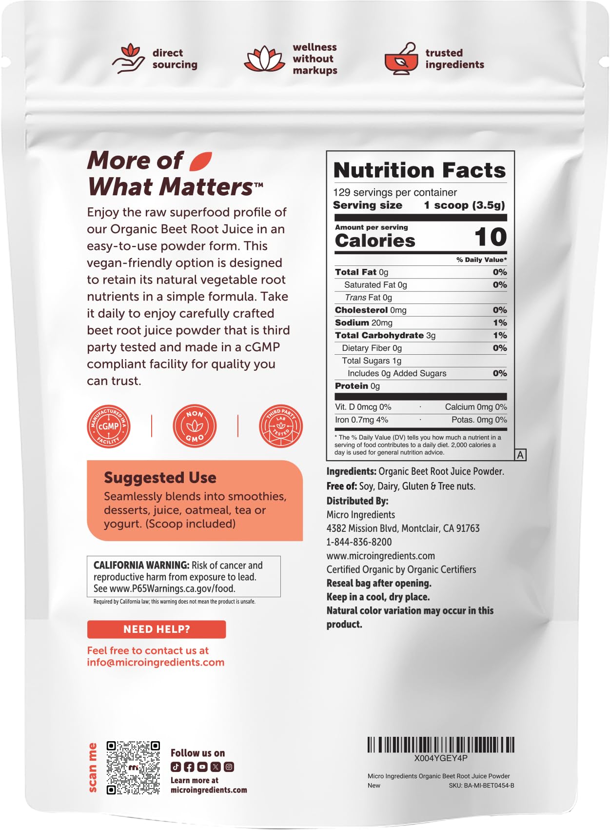 Micro Ingredients Organic Beet Root Juice Powder, 1 Pound | Water Soluble, Raw Beet Supplement | Powder Drink Mix for Smoothies & Recipes | Non-GMO, Vegan Friendly, Plant Based - PrimeBioHealth - canada supplements