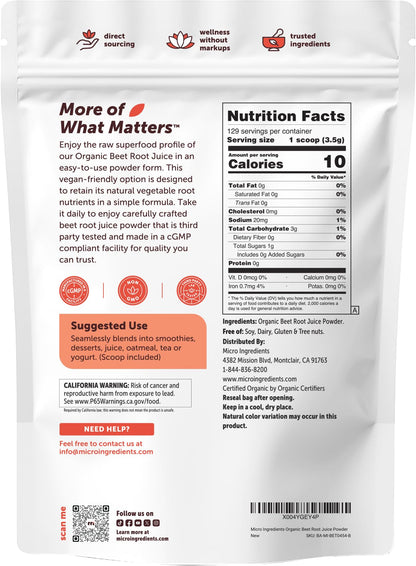 Micro Ingredients Organic Beet Root Juice Powder, 1 Pound | Water Soluble, Raw Beet Supplement | Powder Drink Mix for Smoothies & Recipes | Non-GMO, Vegan Friendly, Plant Based - PrimeBioHealth - canada supplements