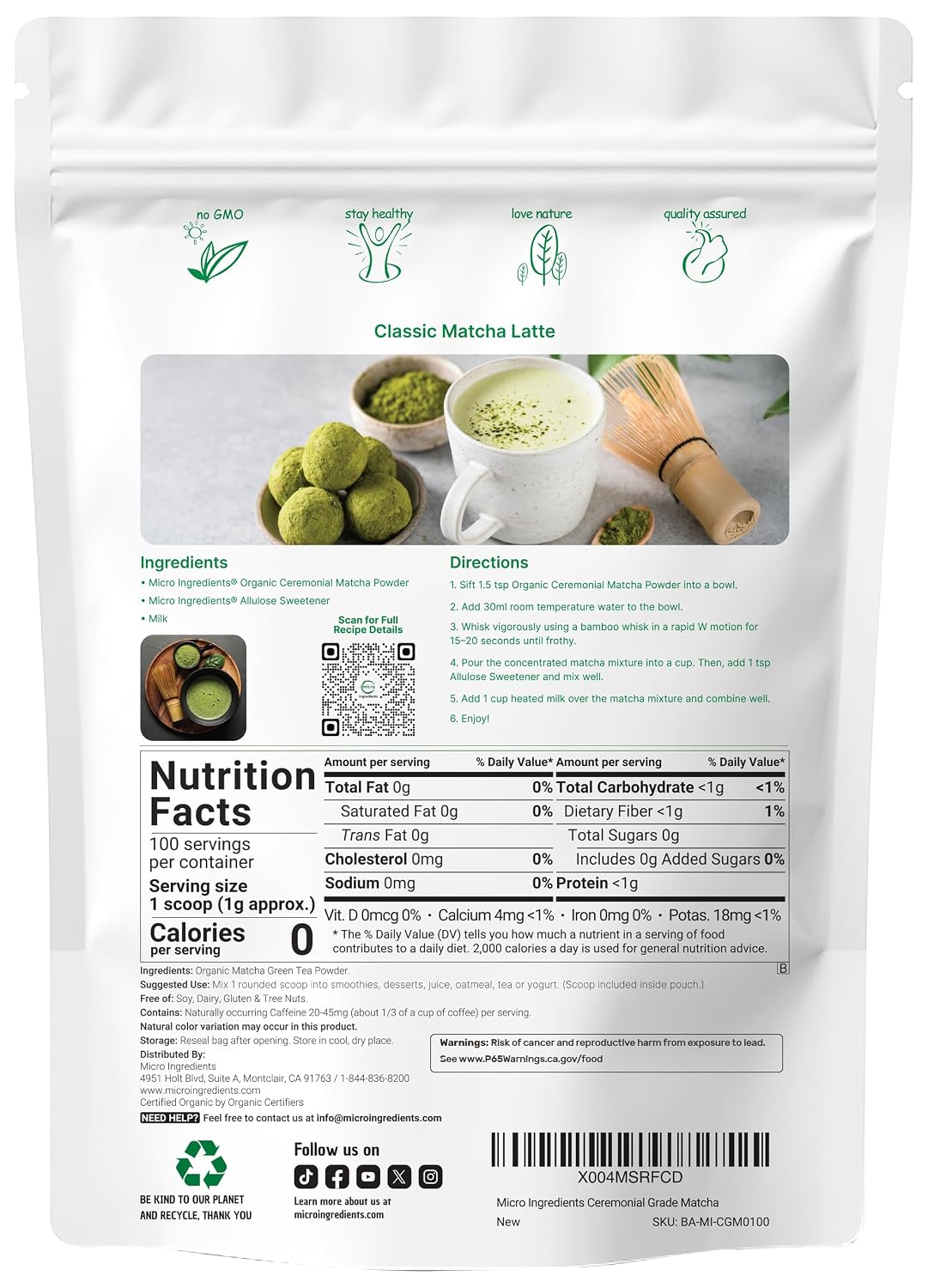 Micro Ingredients Organic Ceremonial Grade Matcha Powder, 100 Servings | Authentic Japanese First Harvest Matcha Green Tea Powder For Barista-Grade Latte, Beverage & Baking - PrimeBioHealth - canada supplements