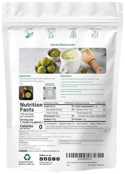 Micro Ingredients Organic Ceremonial Grade Matcha Powder, 100 Servings | Authentic Japanese First Harvest Matcha Green Tea Powder For Barista-Grade Latte, Beverage & Baking - PrimeBioHealth - canada supplements