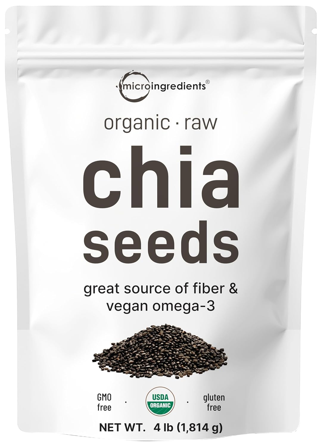 Micro Ingredients Organic Chia Seeds, 4lbs | Contains Omega-3s | Non-GMO | Excellent Source of Fiber | Plant Based Protein | Raw Chia Seed Source | Great for Baking, Smoothies & Pudding | Gluten Free - PrimeBioHealth - canada supplements