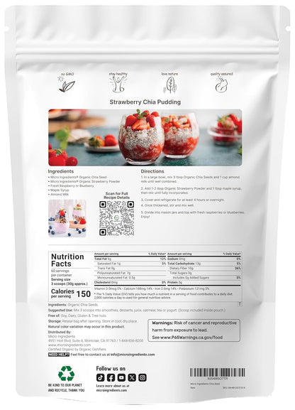Micro Ingredients Organic Chia Seeds, 4lbs | Contains Omega-3s | Non-GMO | Excellent Source of Fiber | Plant Based Protein | Raw Chia Seed Source | Great for Baking, Smoothies & Pudding | Gluten Free - PrimeBioHealth - canada supplements