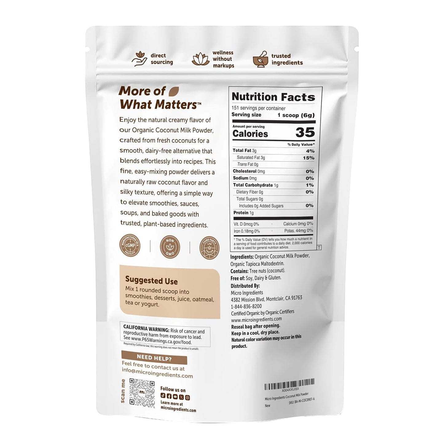Micro Ingredients Organic Coconut Milk Powder, 2 Lb | Plant-Based Creamer for Coffee, Tea & Smoothies | Rich & Creamy, Easy Mixing | Non-GMO, Gluten-Free, Keto & Paleo Friendly - PrimeBioHealth - canada supplements