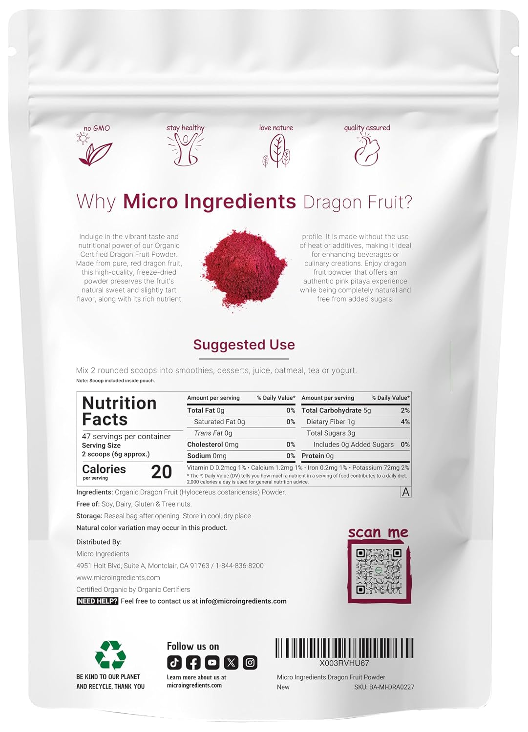Micro Ingredients Organic Dragon Fruit Powder, 10oz | Natural Fruit Flavor | Freeze-Dried Pink Pitaya Source | No Sugar & Additives | Great for Drinks, Smoothie, & Beverages | Non-GMO & Vegan Friendly - PrimeBioHealth - canada supplements