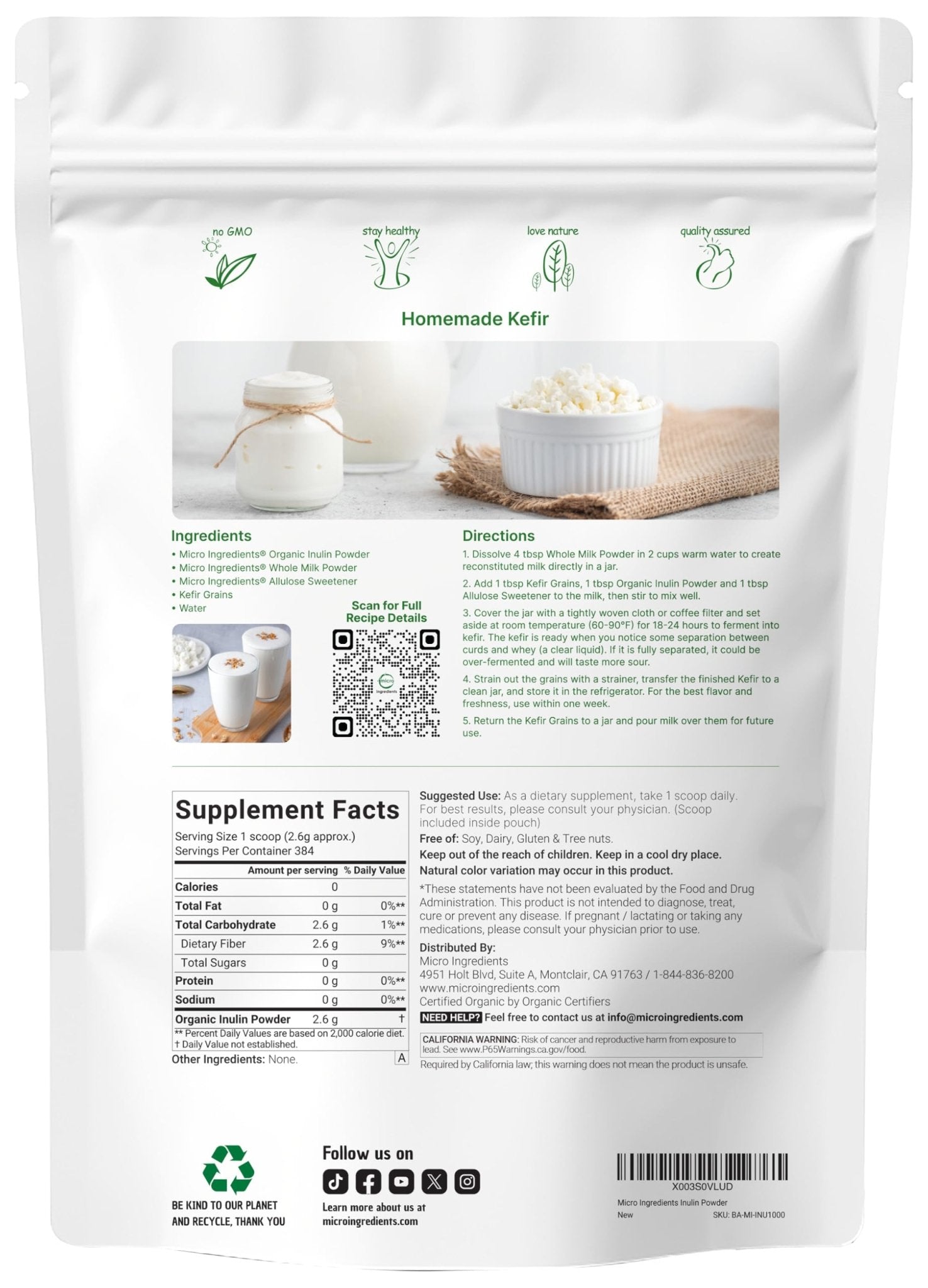 Micro Ingredients Organic Inulin FOS Fiber Powder, 2.2 lbs | Quick Water-Soluble Prebiotic | Natural Fiber for Smoothies & Drinks | Vegan Friendly, Dissolves Clear - PrimeBioHealth - canada supplements