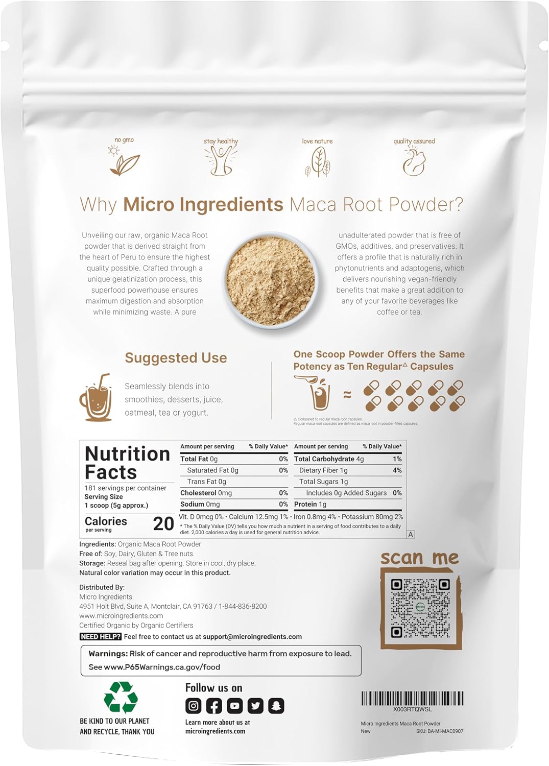 Micro Ingredients Organic Maca Root Powder, 2 Pound, Gelatinized for Better Absorption, Rich in Antioxidants, No GMOs, Vegan Friendly and Peru Origin - PrimeBioHealth - canada supplements
