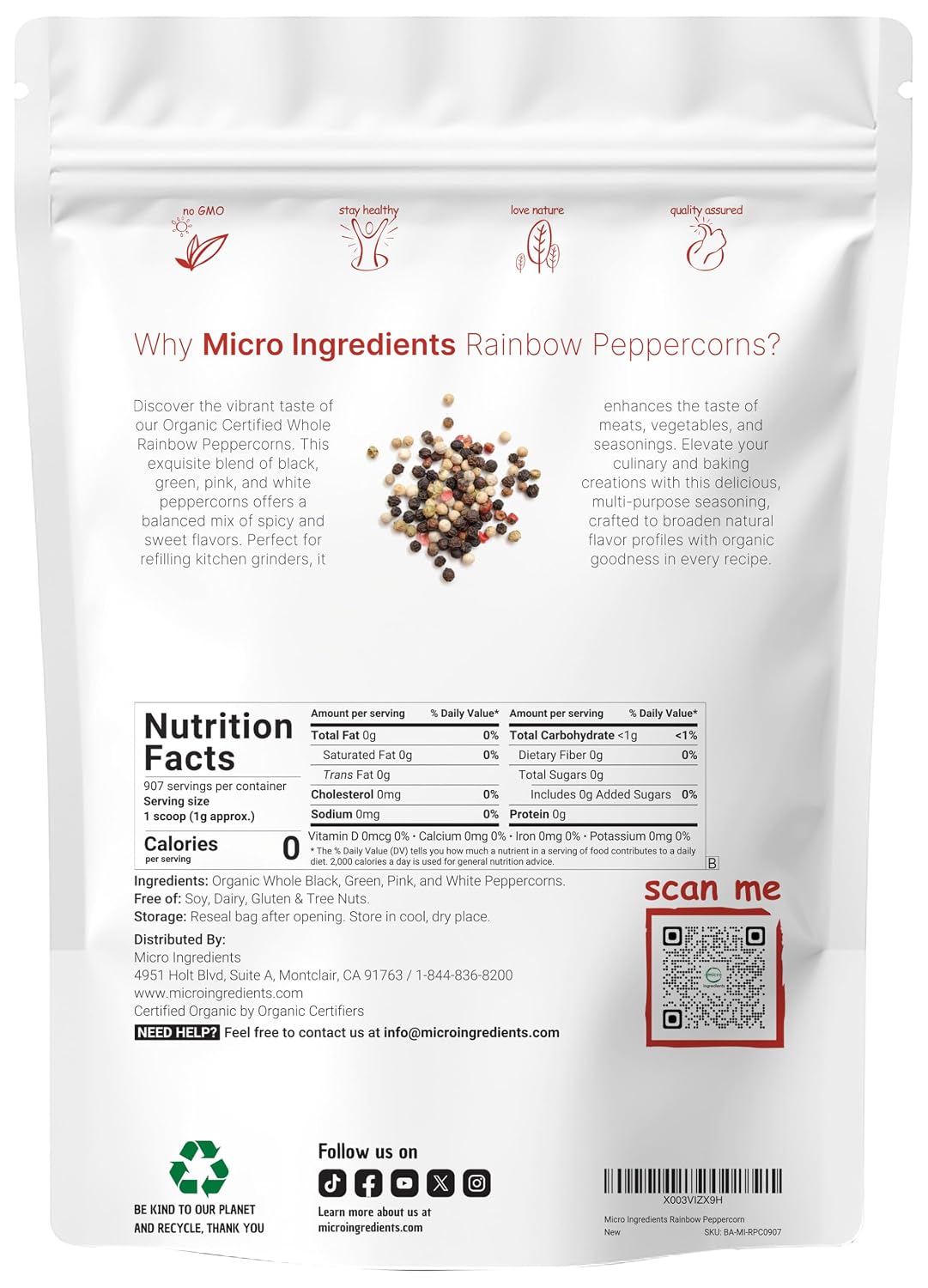 Micro Ingredients Organic Whole Rainbow Peppercorns, 2lbs | Premium Whole Peppercorns for Grinder Refill | Great for Seasonings, Meats & Vegetables | Additive Free, Non-GMO, Bulk Supply - PrimeBioHealth - canada supplements