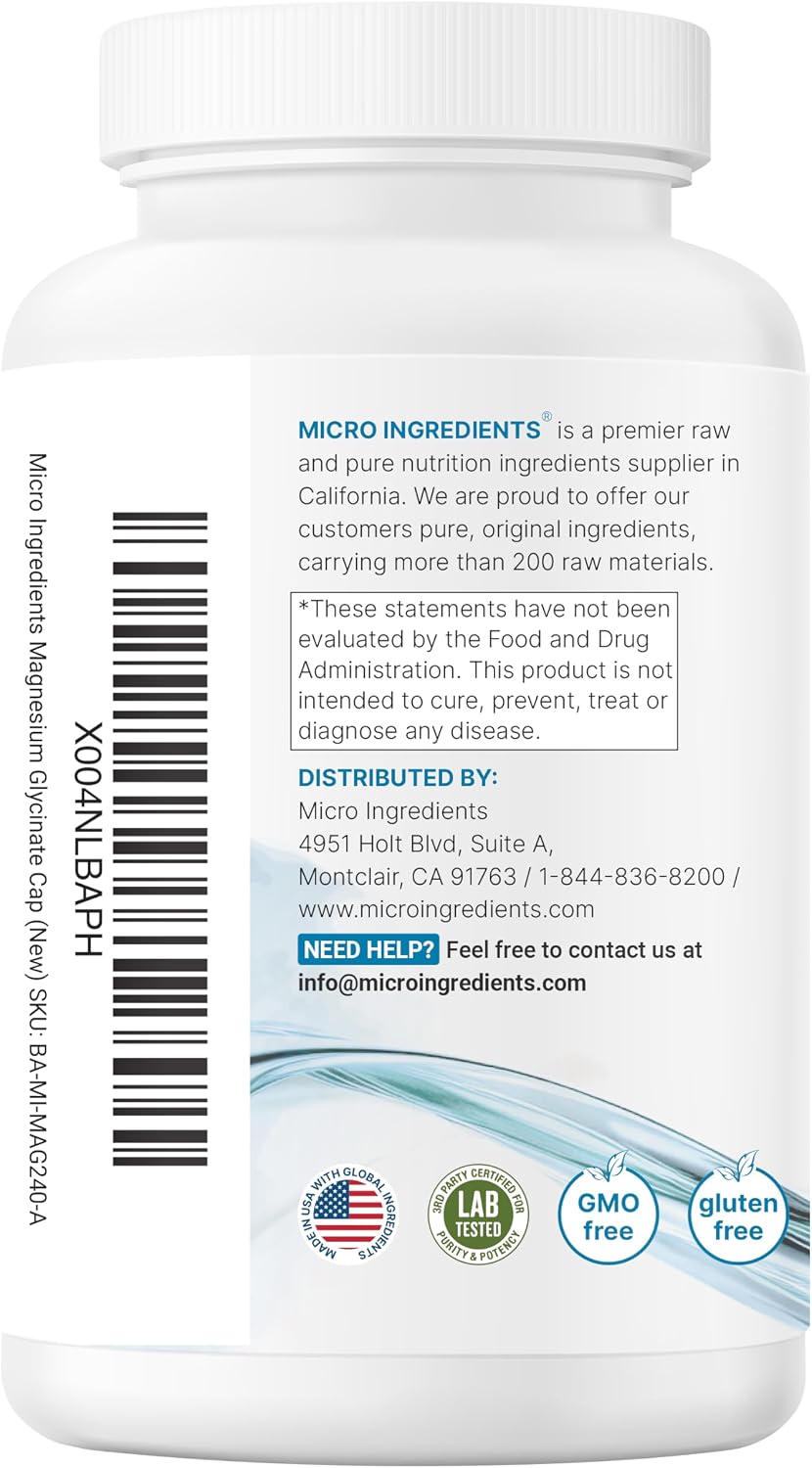 Micro Ingredients Pure Magnesium Glycinate 400mg Per Serving, 240 Capsules | Chelated Mineral Supplements with Elemental Form | Non-GMO, Filler Free - PrimeBioHealth - canada supplements
