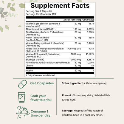 Micro Ingredients Pure Methylated B Complex, 240 Capsules | 11-in-1 Formula with Methylfolate, B12, Thiamin, Inositol, Choline, & Fat Soluble Vitamin C | Clean Ingredients Without Fillers | Non-GMO - PrimeBioHealth - canada supplements