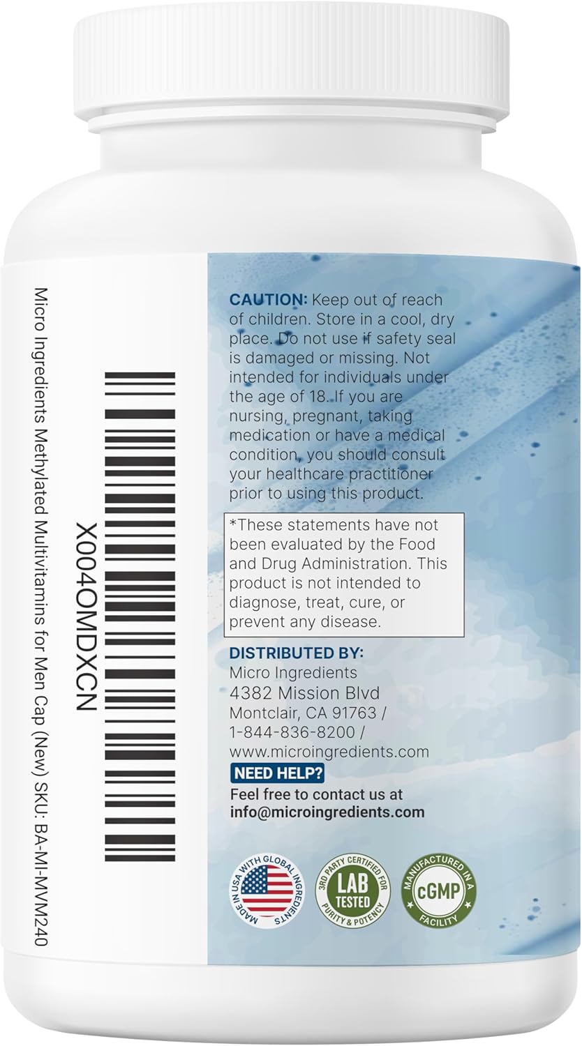 Micro Ingredients Pure Methylated Multivitamin for Men, 240 Capsules | 30 Essential Nutrients with Activated B Complex & Methylfolate + Saw Palmetto, Ginseng, Maca, Lycopene, Vitamin D3 & Zinc - PrimeBioHealth - canada supplements