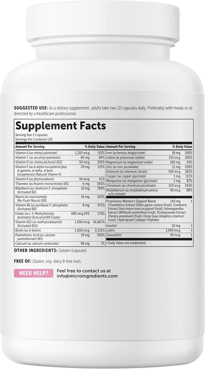 Micro Ingredients Pure Methylated Multivitamin for Women, 240 Capsules | 32-in-1 Formula with Vitamin B, C, D + Iron, Methylfolate & More | Supports Women 's Daily Wellness | Filler Free, Non-GMO - PrimeBioHealth - canada supplements