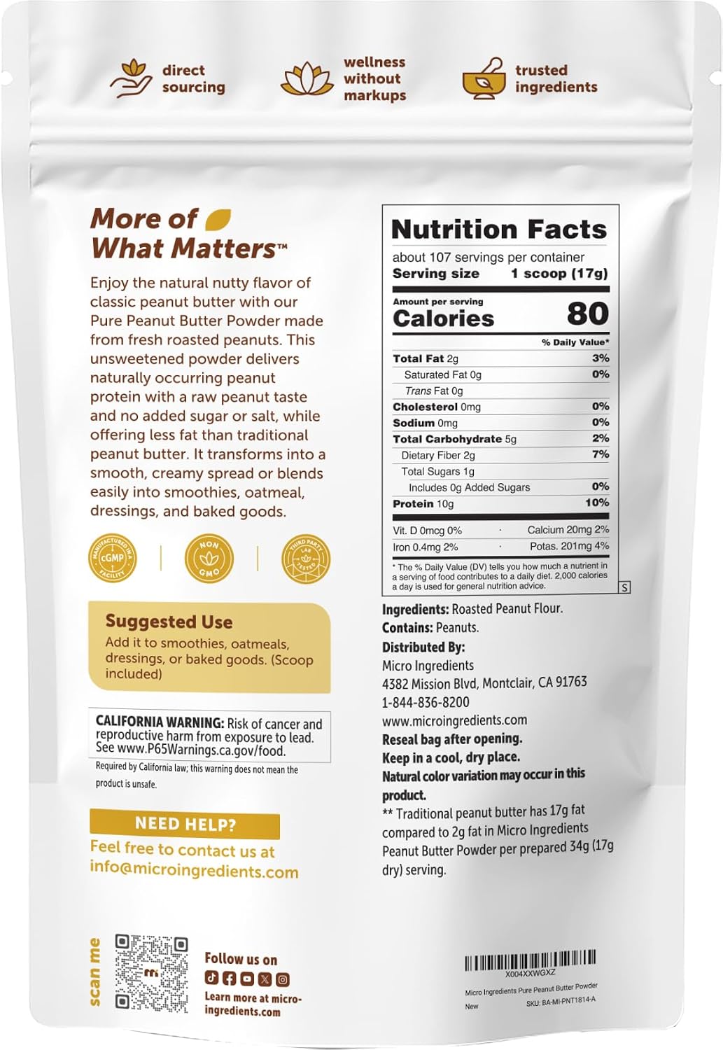 Micro Ingredients Pure Peanut Butter Powder, 4 lb | Made from Fresh Roasted Peanuts | No Added Sugar or Salt | 10g Plant-Based Protein 10% DV, 88% Less Fat | 107 Servings | Non GMO - PrimeBioHealth - canada supplements