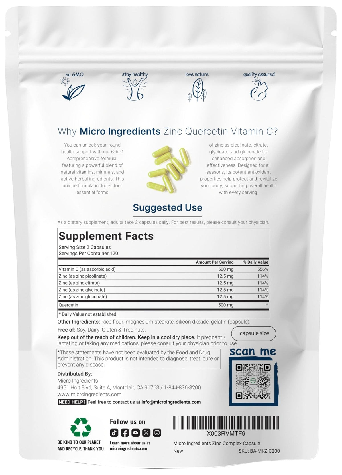 Micro Ingredients Quercetin with Vitamin C and Zinc, 240 Capsules | Quercetin 500mg, Vitamin C 500mg, Zinc 50mg (Picolinate, Citrate, Glycinate, Gluconate) - PrimeBioHealth - canada supplements