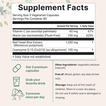 Micro Ingredients Red Yeast Rice with CoQ10 1200mg, 240 Veggie Capsules | Cholesterol Support & Heart Health Supplements* | 4-in-1 with Flush Free Niacin & Fat Soluble Vitamin C | Filler Free, Non-GMO - PrimeBioHealth - canada supplements