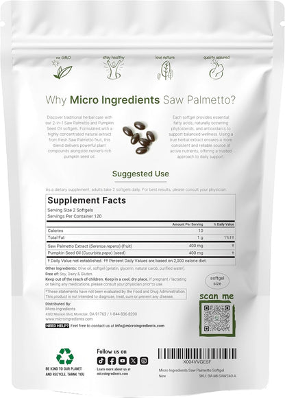 Micro Ingredients Saw Palmetto with Pumpkin Seed Oil for Men, 240 Softgels| Cold-Pressed Extract | Virgin Oil Formula | Rich in Essential Fatty Acids & Phytosterols | Non-GMO, Gluten & Soy Free - PrimeBioHealth - canada supplements