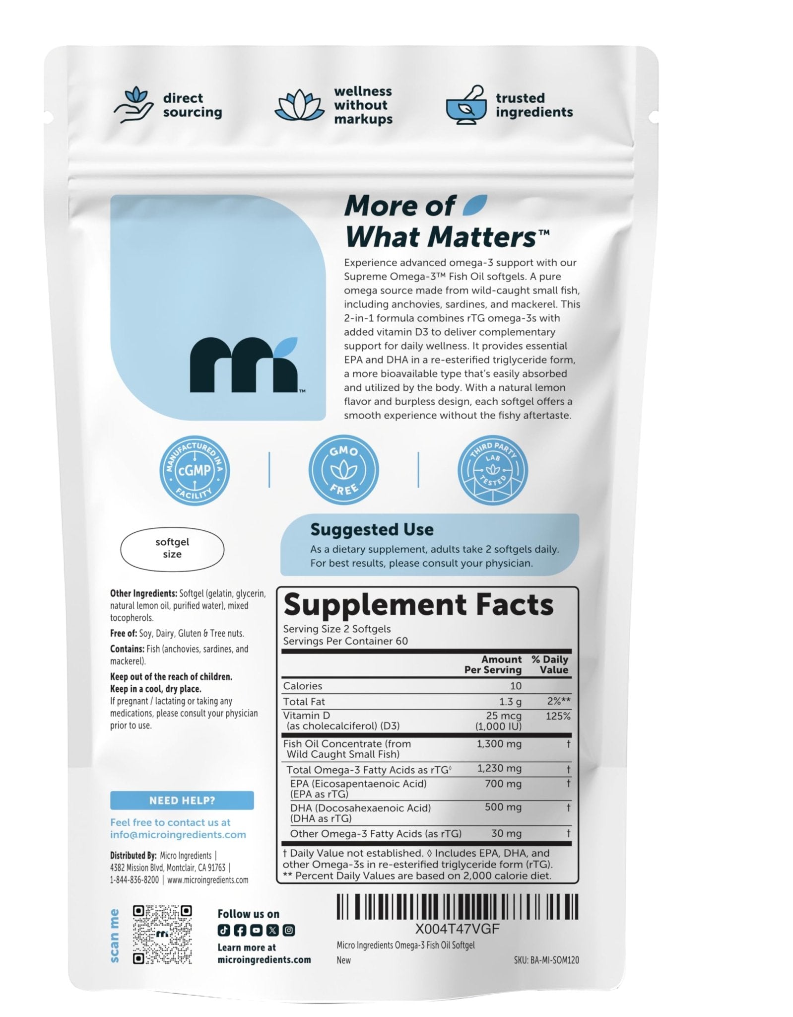Micro Ingredients Supreme Omega-3 Fish Oil w/Ultra High EPA & DHA, Burpless Softgels | rTG Omega-3 with Vitamin D3 | Wild-Caught Cold Deep-Sea Fish | Lemon Flavor, Easy to Swallow, 60ct - PrimeBioHealth - canada supplements