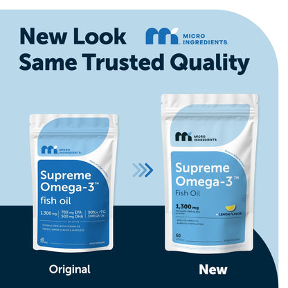 Micro Ingredients Supreme Omega-3 Fish Oil w/Ultra High EPA & DHA, Burpless Softgels | rTG Omega-3 with Vitamin D3 | Wild-Caught Cold Deep-Sea Fish | Lemon Flavor, Easy to Swallow, 60ct - PrimeBioHealth - canada supplements