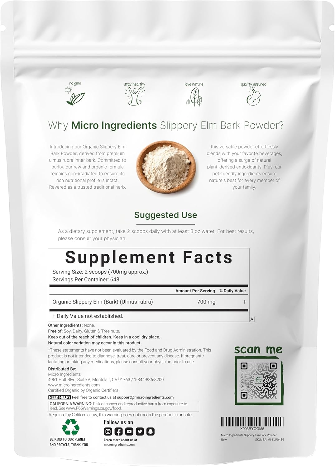Micro Ingredients Sustainably US Grown, Organic Slippery Elm Bark Powder, 1 Pound (648 Servings), Helps Soothe The Throat and Coughing, No Irradiated, No Contaminated, No GMOs, Pet Friendly - PrimeBioHealth - canada supplements