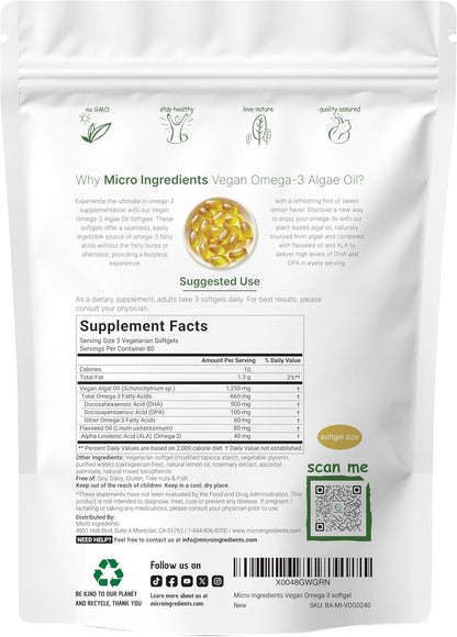 Micro Ingredients Vegan Omega 3 Algae Oil, 240 Veggie Softgels | Fish Oil Alternative | DHA 500mg & DPA 100mg | Carrageenan Free | Plant-Based Omega 3 with Flaxseed & ALA | Lemon Flavored - PrimeBioHealth - canada supplements