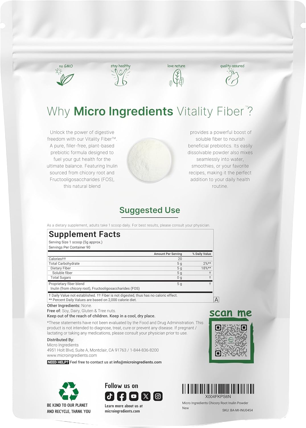Micro Ingredients Vitality Prebiotic Fiber Powder, 1lb | Easy Mix Powder for Digestive & Gut Health | Daily Prebiotic Soluble Fiber Supplement for Women and Men | Unflavored, Sugar Free & Vegan - PrimeBioHealth - canada supplements