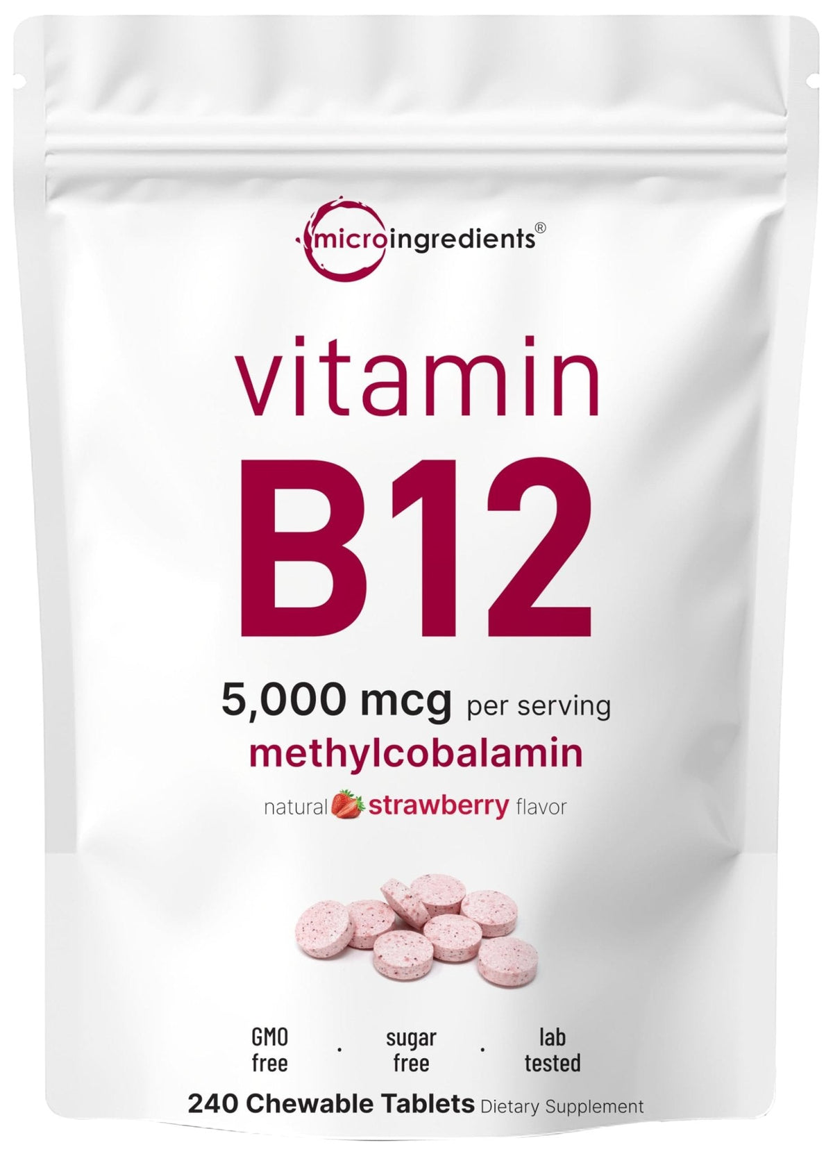 Micro Ingredients Vitamin B12 5,000 mcg | Methylcobalamin – 240 Chewable Tablets | Fast Dissolve, Natural Strawberry Flavor - PrimeBioHealth - canada supplements