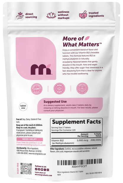 Micro Ingredients Vitamin B12 5,000 mcg | Methylcobalamin – 240 Chewable Tablets | Fast Dissolve, Natural Strawberry Flavor | Vegan, Non-GMO, Gluten Free - 1` - PrimeBioHealth - canada supplements