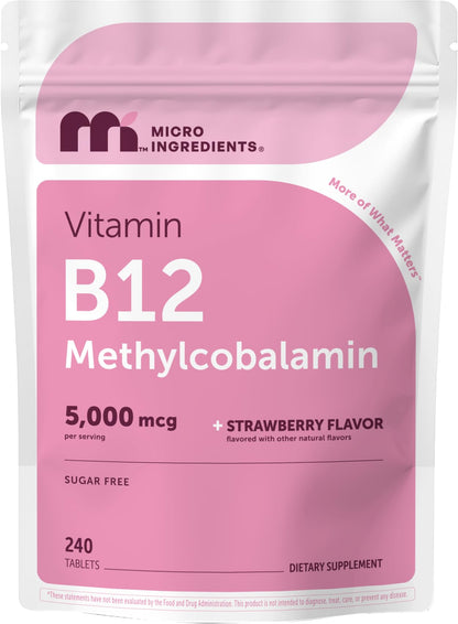 Micro Ingredients Vitamin B12 5,000 mcg | Methylcobalamin – 240 Chewable Tablets | Fast Dissolve, Natural Strawberry Flavor | Vegan, Non-GMO, Gluten Free - 1` - PrimeBioHealth - canada supplements