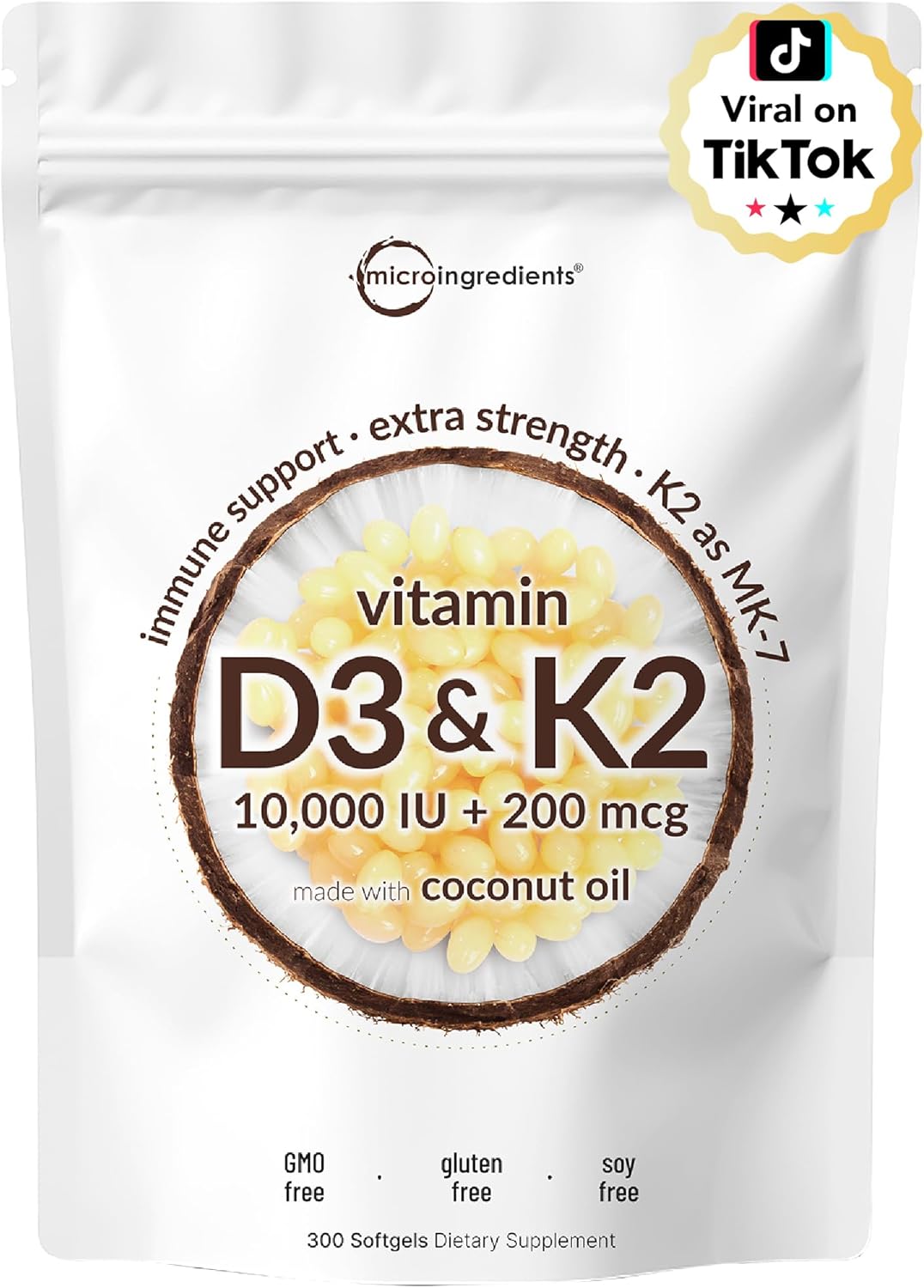 Micro Ingredients Vitamin D3 10,000 IU + K2 MK-7 200 mcg, 300 Softgels with Virgin Coconut Oil | 2-in-1 Vitamins D & K Complex | Extra Strength, Easy to Swallow, Non-GMO, Gluten Free - PrimeBioHealth - canada supplements