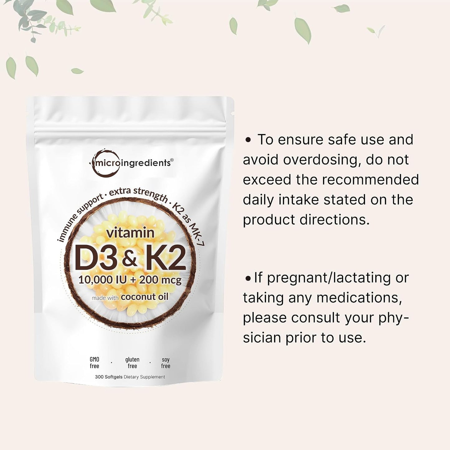 Micro Ingredients Vitamin D3 10,000 IU + K2 MK-7 200 mcg, 300 Softgels with Virgin Coconut Oil | 2-in-1 Vitamins D & K Complex | Extra Strength, Easy to Swallow, Non-GMO, Gluten Free - PrimeBioHealth - canada supplements