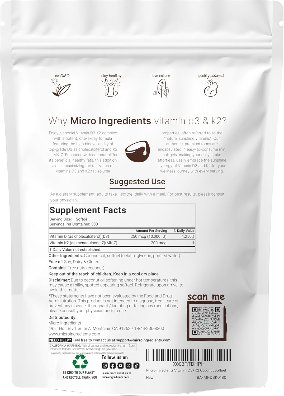 Micro Ingredients Vitamin D3 10,000 IU + K2 MK-7 200 mcg, 300 Softgels with Virgin Coconut Oil | 2-in-1 Vitamins D & K Complex | Extra Strength, Easy to Swallow, Non-GMO, Gluten Free - PrimeBioHealth - canada supplements