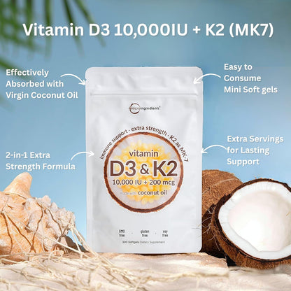 Micro Ingredients Vitamin D3 10,000 IU + K2 MK-7 200 mcg, 300 Softgels with Virgin Coconut Oil | 2-in-1 Vitamins D & K Complex | Extra Strength, Easy to Swallow, Non-GMO, Gluten Free - PrimeBioHealth - canada supplements