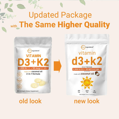 Micro Ingredients Vitamin D3 2,000 IU + K2 MK-7 50 mcg, 300 Softgels | Virgin Coconut Oil | 2-in-1 Support | Easy to Swallow, Non-GMO - PrimeBioHealth - canada supplements