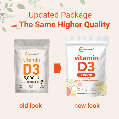 Micro Ingredients Vitamin D3 5,000 IU, 500 Softgels | Virgin Coconut Oil | Cholecalciferol Form | Bone, Immune & Heart Support | Easy to Swallow, Non-GMO - PrimeBioHealth - canada supplements