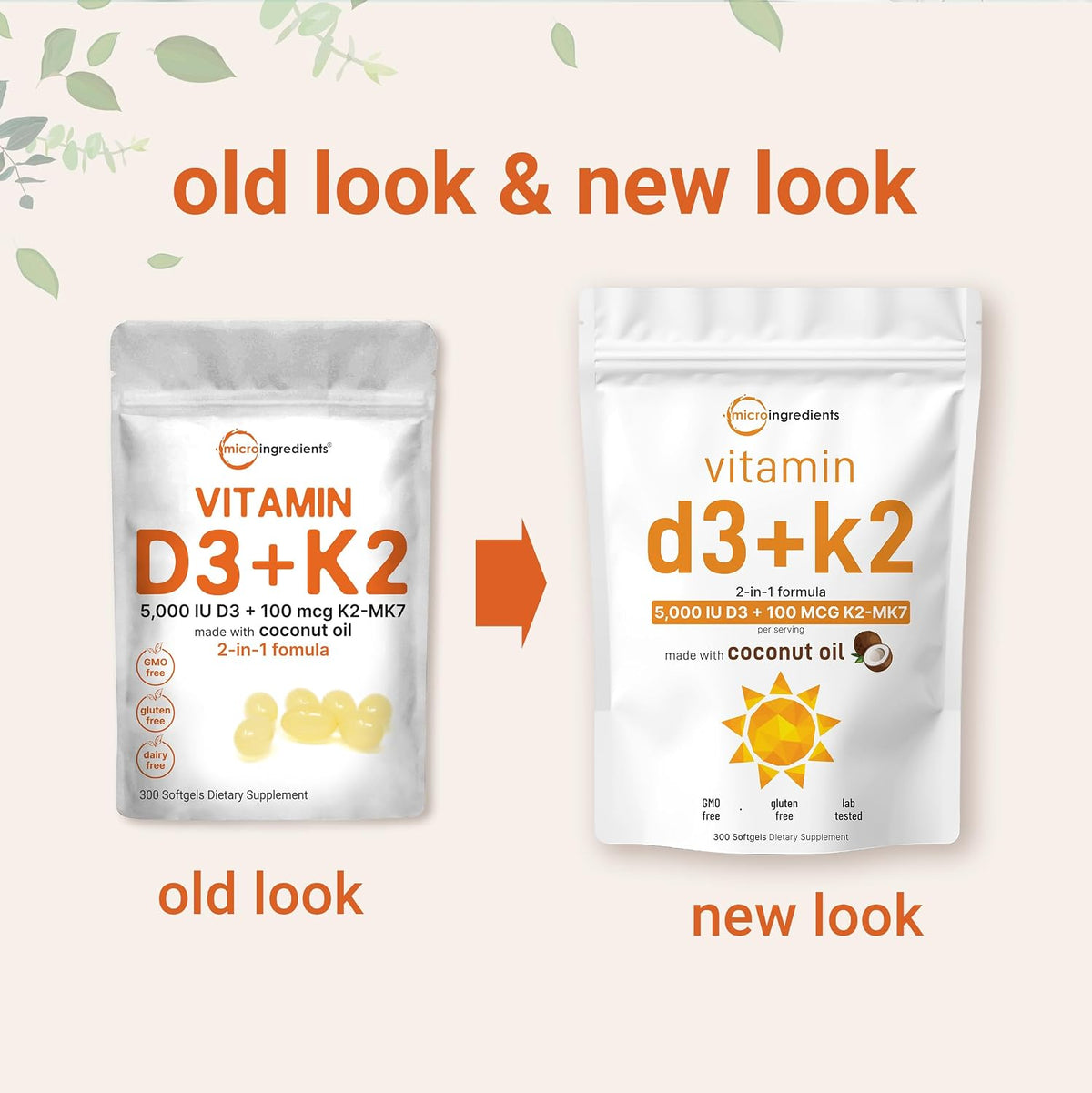 Micro Ingredients Vitamin D3 5,000 IU + K2 MK-7 100 mcg, 300 Softgels | Virgin Coconut Oil | 2-in-1 Support | Easy to Swallow, Non-GMO - PrimeBioHealth - canada supplements