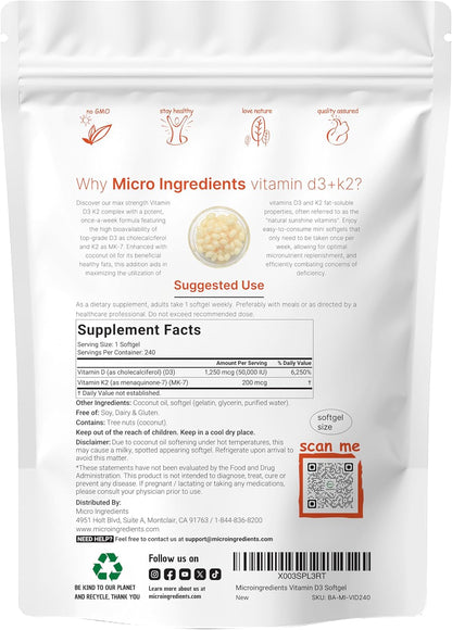 Micro Ingredients Vitamin D3 50,000 IU + K2 MK-7 200 mcg, 240 Softgels | Virgin Coconut Oil | 2-in-1 Support | Easy to Swallow, Non-GMO - PrimeBioHealth - canada supplements